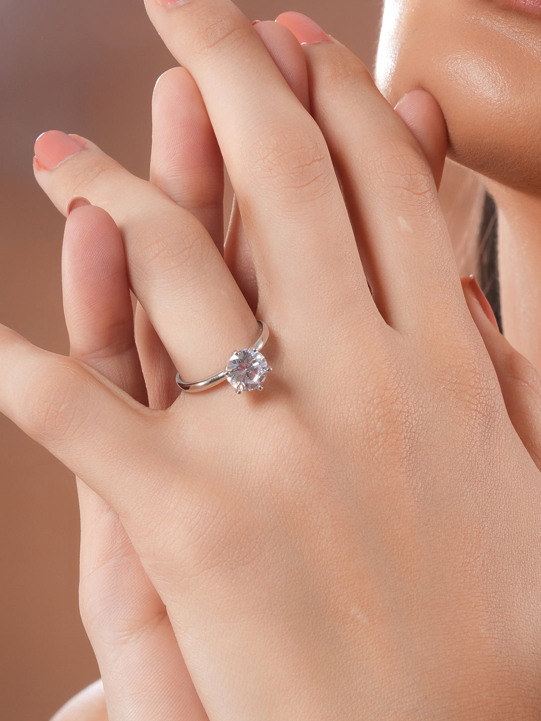 925 Sterling Silver AD Studded Solitaire Engagement Adjustable Finger Ring